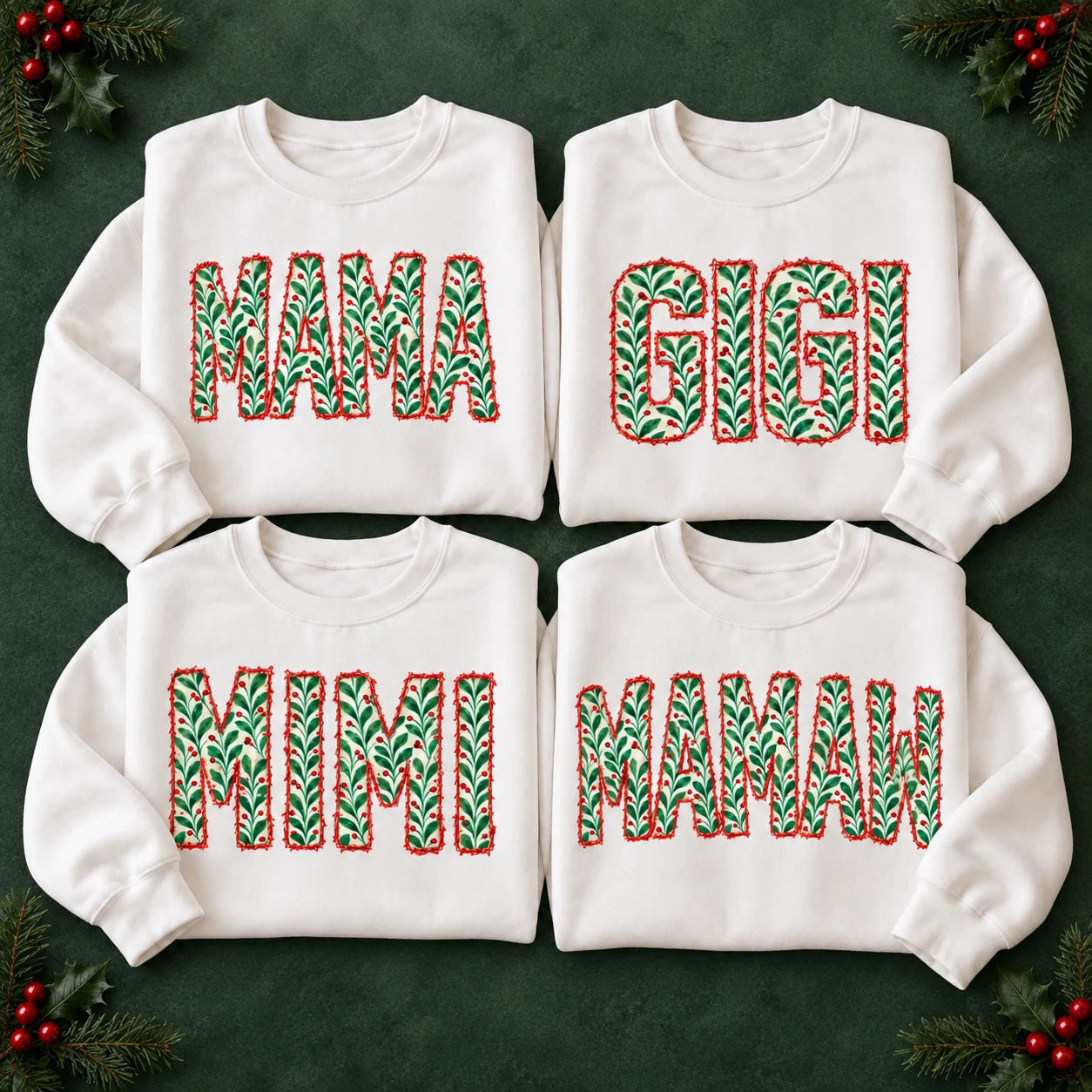 Personalized Christmas Grandma Sweatshirt, Custom Family Nickname Holly Berry Gift for Mom Aunt Mama Gigi Mimi