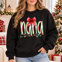 Personalized Christmas Grandma Sweatshirt, Custom Family Nickname with Red Bow & Holiday Lights, Mom Nana Mimi Gigi Gift