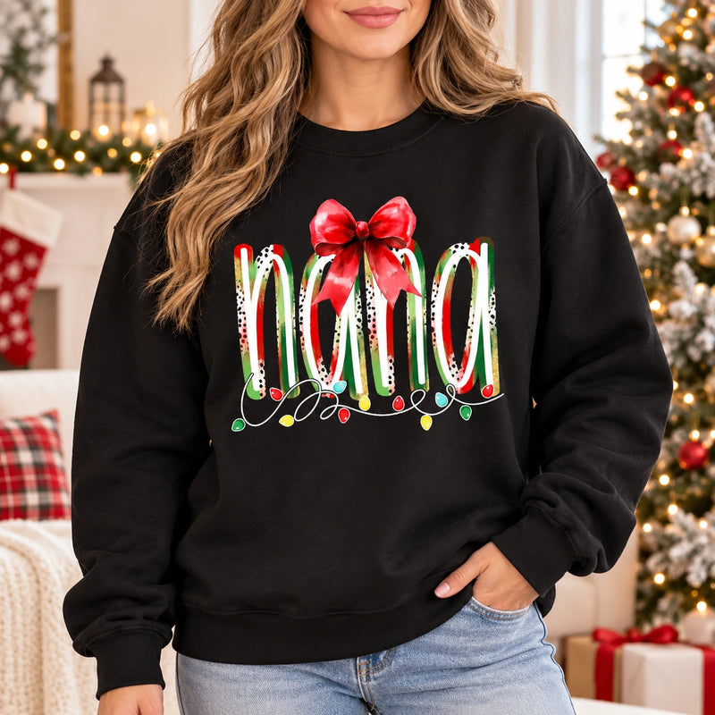 Personalized Christmas Grandma Sweatshirt, Custom Family Nickname with Red Bow & Holiday Lights, Mom Nana Mimi Gigi Gift