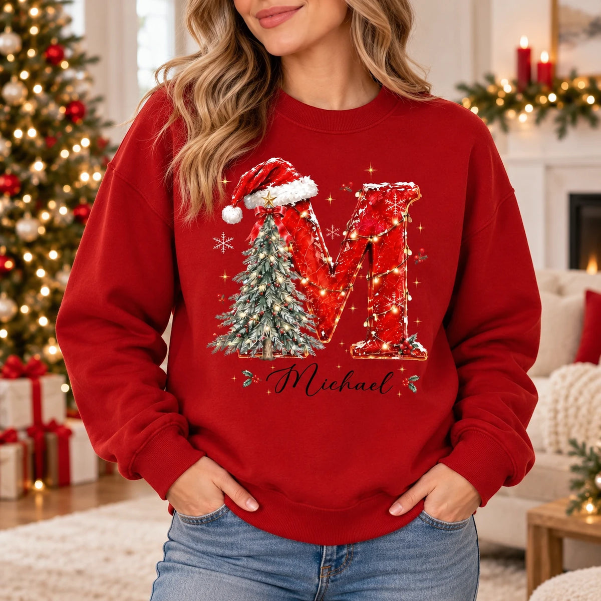 Personalized Christmas Initial Sweatshirt With Custom Name, Festive Letter Holiday Gift For Mom Wife Family