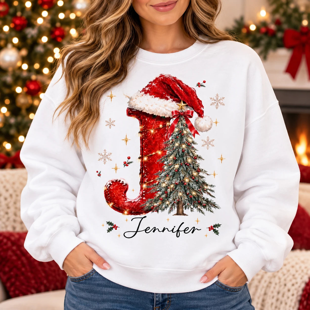 Personalized Christmas Initial Sweatshirt With Custom Name, Festive Letter Holiday Gift For Mom Wife Family