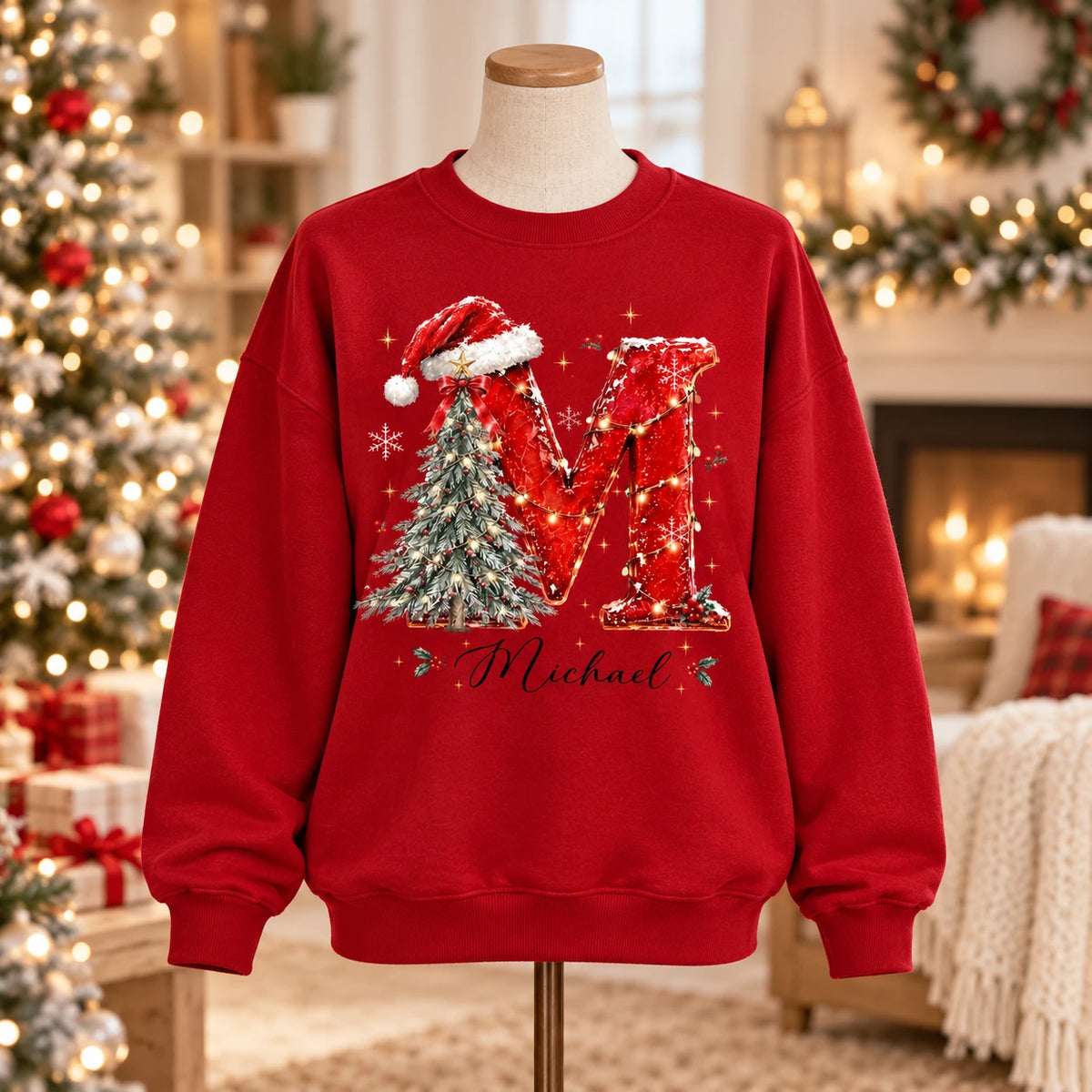 Personalized Christmas Initial Sweatshirt With Custom Name, Festive Letter Holiday Gift For Mom Wife Family