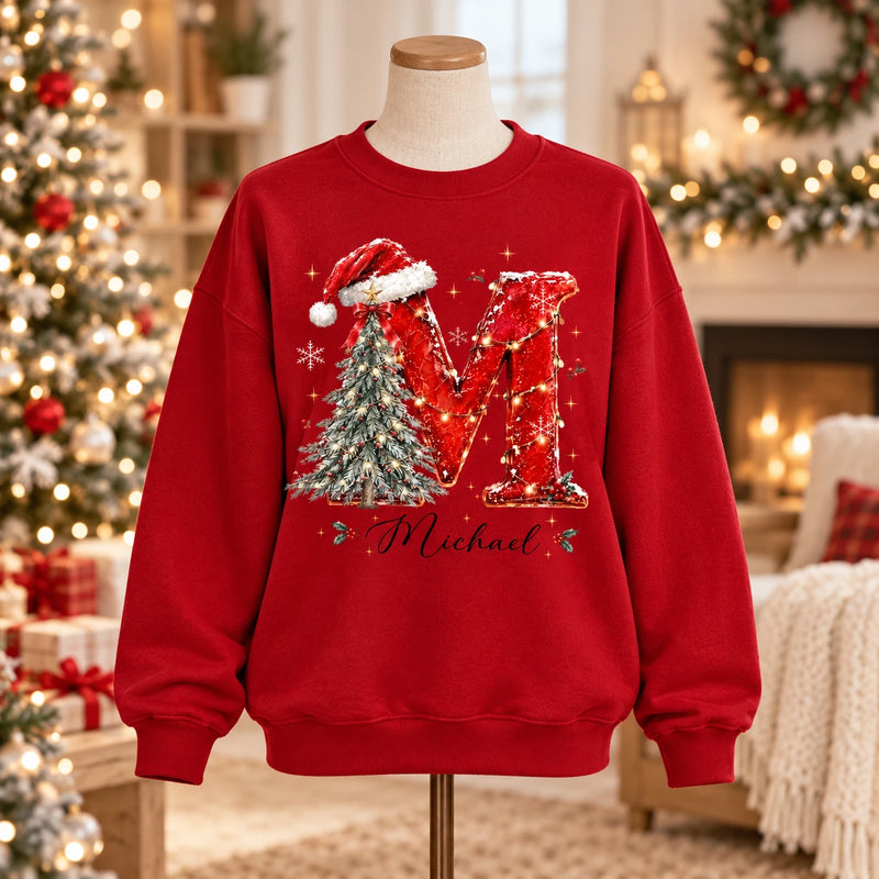 Personalized Christmas Initial Sweatshirt With Custom Name, Festive Letter Holiday Gift For Mom Wife Family