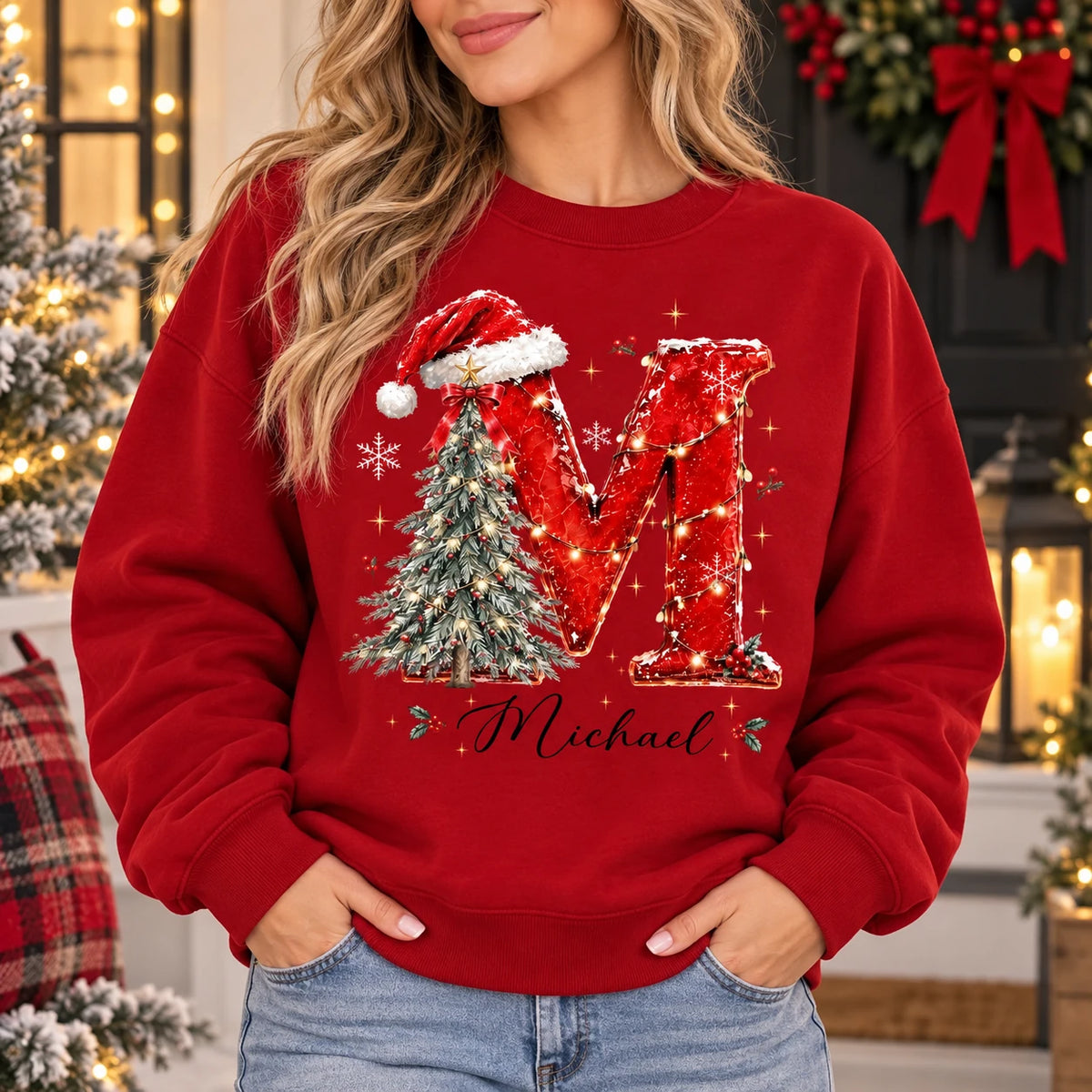 Personalized Christmas Initial Sweatshirt With Custom Name, Festive Letter Holiday Gift For Mom Wife Family