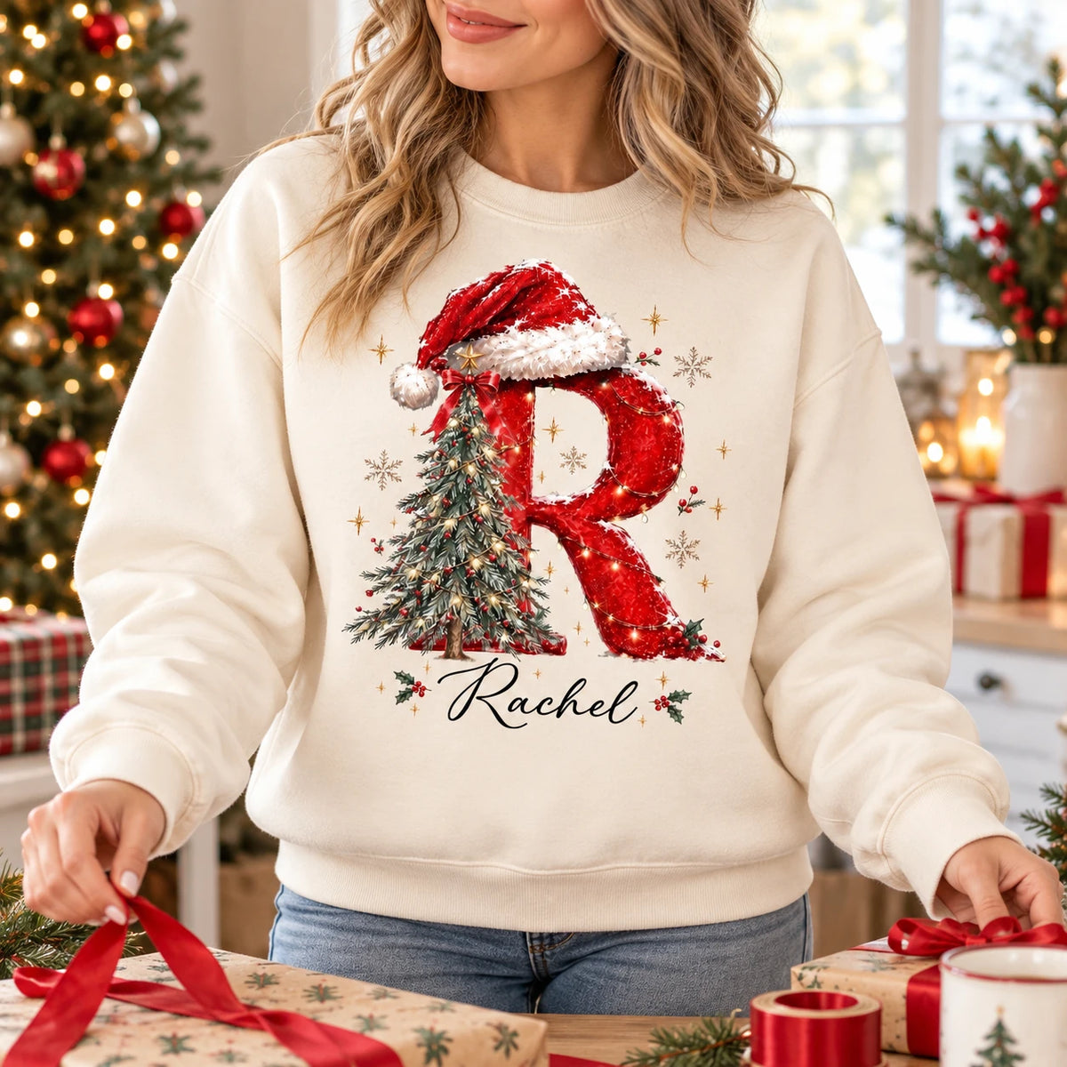 Personalized Christmas Initial Sweatshirt With Custom Name, Festive Letter Holiday Gift For Mom Wife Family