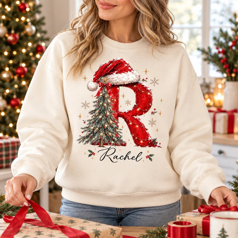 Personalized Christmas Initial Sweatshirt With Custom Name, Festive Letter Holiday Gift For Mom Wife Family