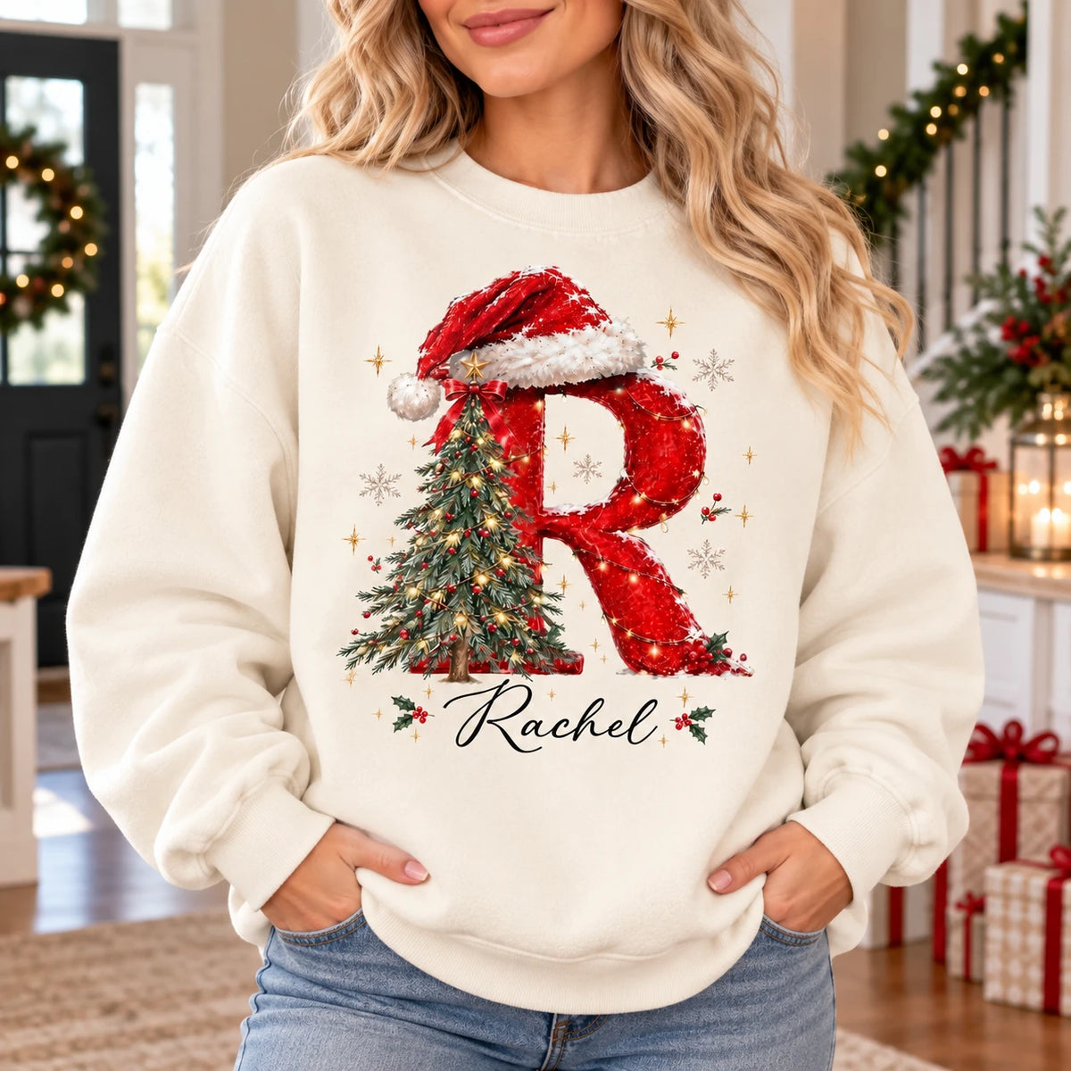 Personalized Christmas Initial Sweatshirt With Custom Name, Festive Letter Holiday Gift For Mom Wife Family
