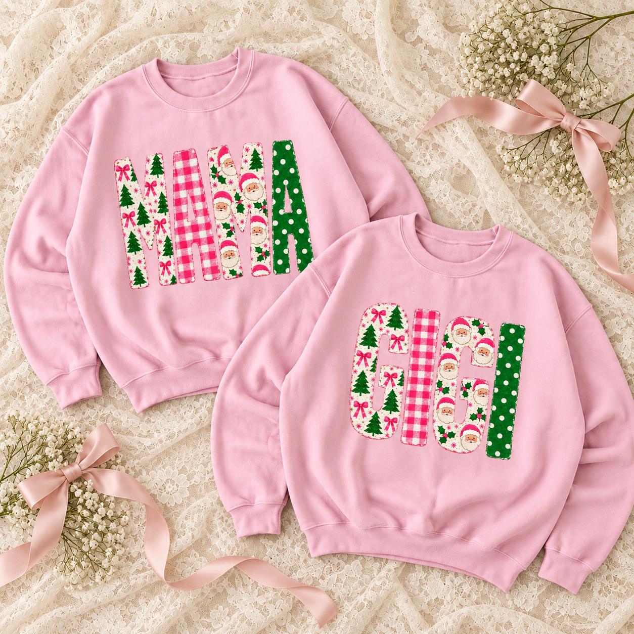Personalized Christmas Mom Sweatshirt, Custom Choose Your Family Title, Mama Grandma Gigi Aunt Holiday Coquette Gift