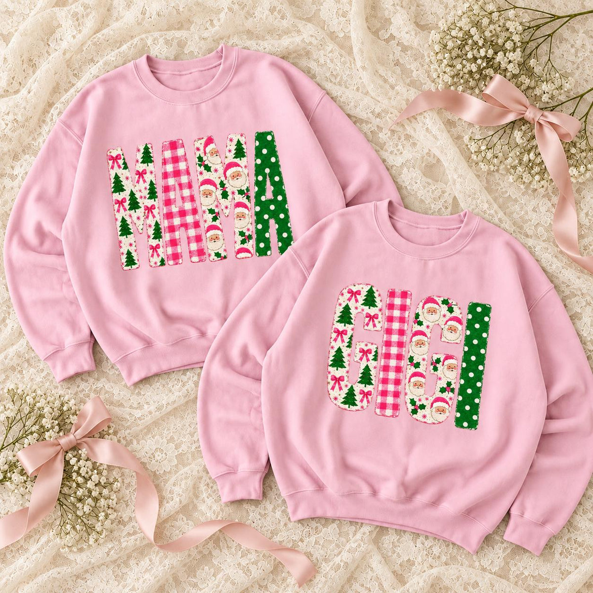 Personalized Christmas Mom Sweatshirt, Custom Choose Your Family Title, Mama Grandma Gigi Aunt Holiday Coquette Gift