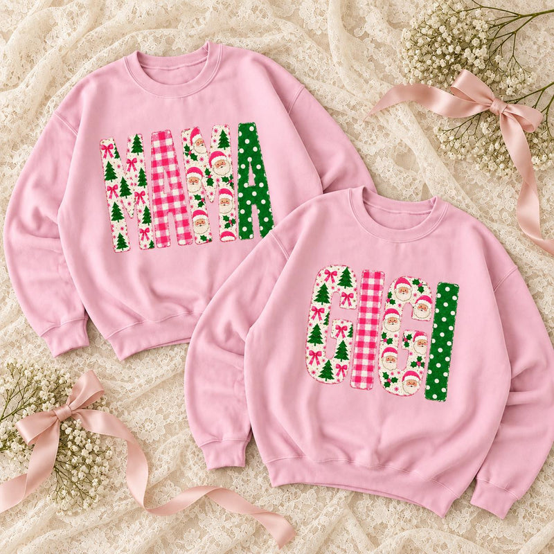Personalized Christmas Mom Sweatshirt, Custom Choose Your Family Title, Mama Grandma Gigi Aunt Holiday Coquette Gift