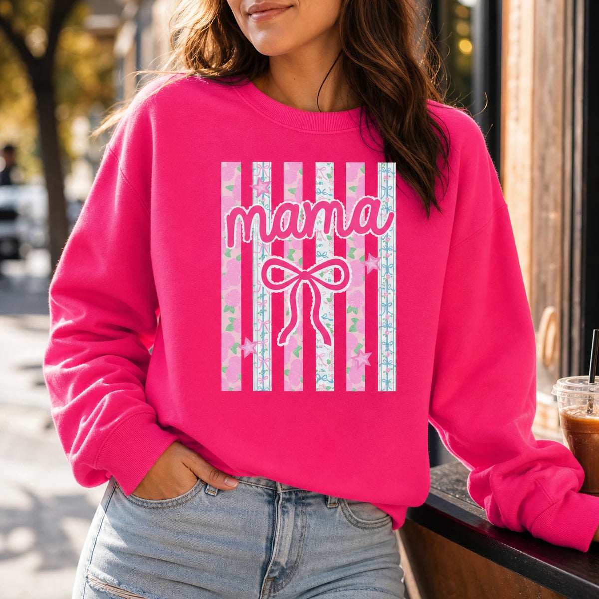 Personalized Coquette Bow Mama Sweatshirt, Custom Choose Your Nickname Gammy Mimi Gigi Nana, Pink Stripe Gift for Grandma, Heliconia