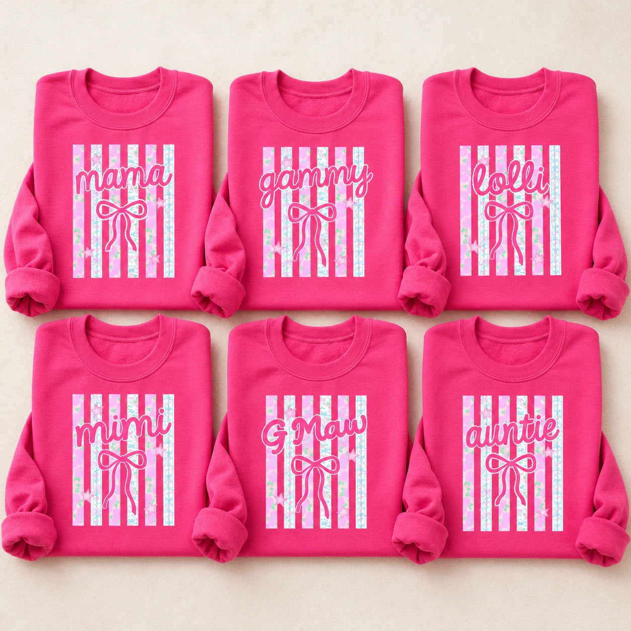 Personalized Coquette Bow Mama Sweatshirt, Custom Choose Your Nickname Gammy Mimi Gigi Nana, Pink Stripe Gift for Grandma, Heliconia