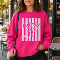 Personalized Coquette Bow Mama Sweatshirt, Custom Choose Your Nickname Gammy Mimi Gigi Nana, Pink Stripe Gift for Grandma, Heliconia