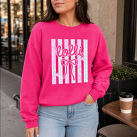 Personalized Coquette Bow Mama Sweatshirt, Custom Choose Your Nickname Gammy Mimi Gigi Nana, Pink Stripe Gift for Grandma, Heliconia