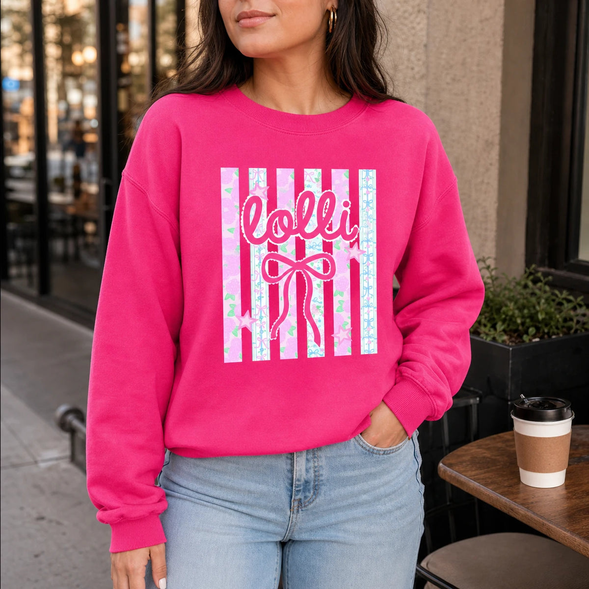 Personalized Coquette Bow Mama Sweatshirt, Custom Choose Your Nickname Gammy Mimi Gigi Nana, Pink Stripe Gift for Grandma, Heliconia