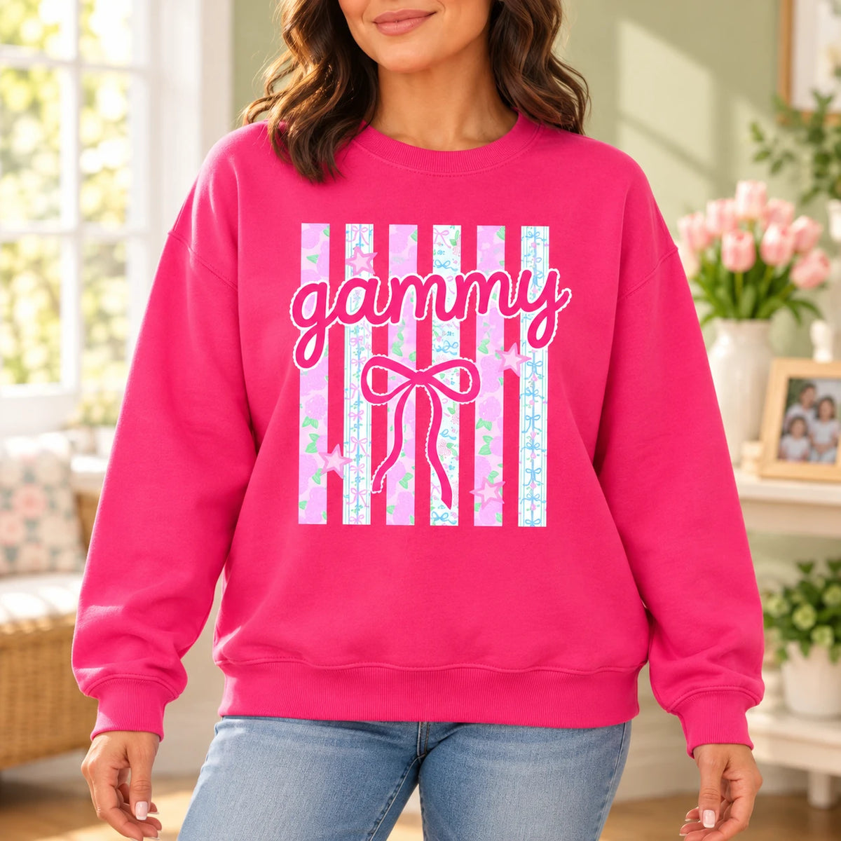 Personalized Coquette Bow Mama Sweatshirt, Custom Choose Your Nickname Gammy Mimi Gigi Nana, Pink Stripe Gift for Grandma, Heliconia