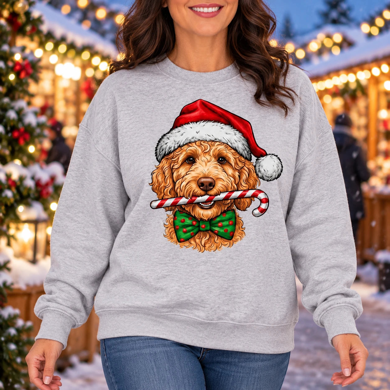 Personalized Dog Breed Christmas Sweatshirt, 50+ Breed Options, Santa Hat Candy Cane Dog Portrait, Holiday Gift for Dog Mom and Dog Dad