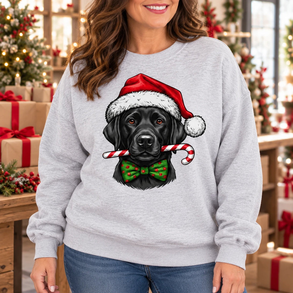 Personalized Dog Breed Christmas Sweatshirt, 50+ Breed Options, Santa Hat Candy Cane Dog Portrait, Holiday Gift for Dog Mom and Dog Dad