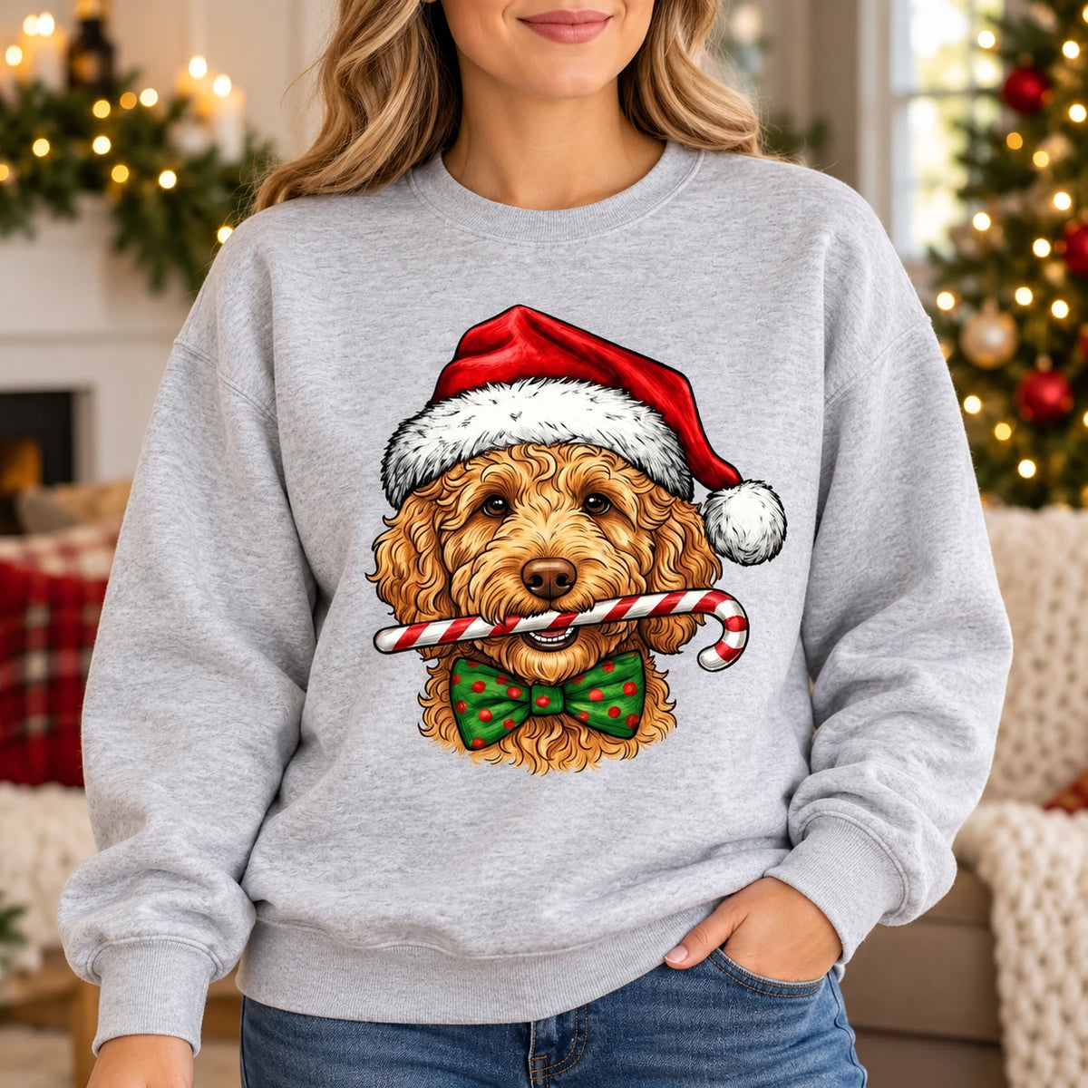 Personalized Dog Breed Christmas Sweatshirt, 50+ Breed Options, Santa Hat Candy Cane Dog Portrait, Holiday Gift for Dog Mom and Dog Dad
