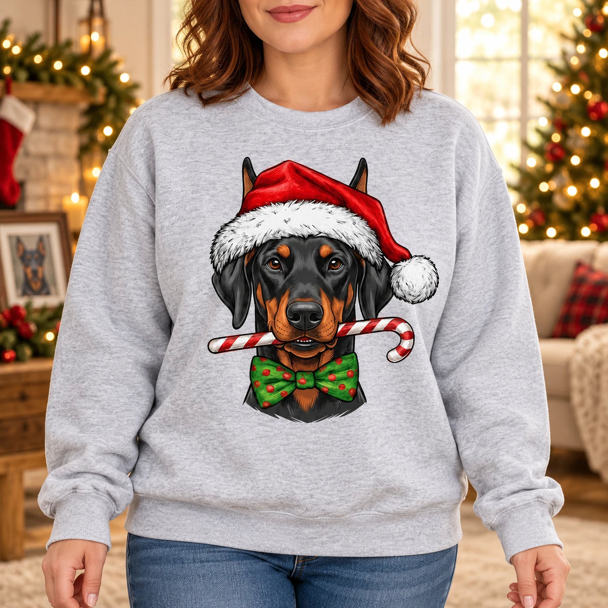 Personalized Dog Breed Christmas Sweatshirt, 50+ Breed Options, Santa Hat Candy Cane Dog Portrait, Holiday Gift for Dog Mom and Dog Dad