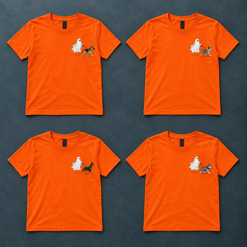 Personalized Dog Breed Ghost Walking Pet Halloween T-Shirt, Cute Fall Spooky Season Dog Mom Graphic Tee