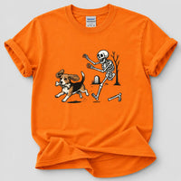 Personalized Dog Breed Halloween T-Shirt, Custom Choose Your Dog, Funny Skeleton Chasing Pup Graphic, Spooky Pet Lover Gift