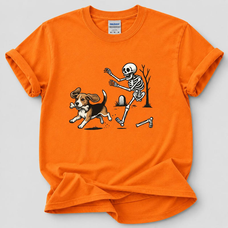 Personalized Dog Breed Halloween T-Shirt, Custom Choose Your Dog, Funny Skeleton Chasing Pup Graphic, Spooky Pet Lover Gift