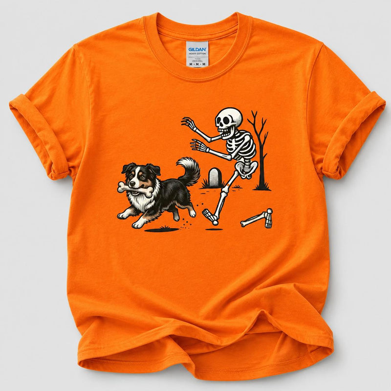 Personalized Dog Breed Halloween T-Shirt, Custom Choose Your Dog, Funny Skeleton Chasing Pup Graphic, Spooky Pet Lover Gift
