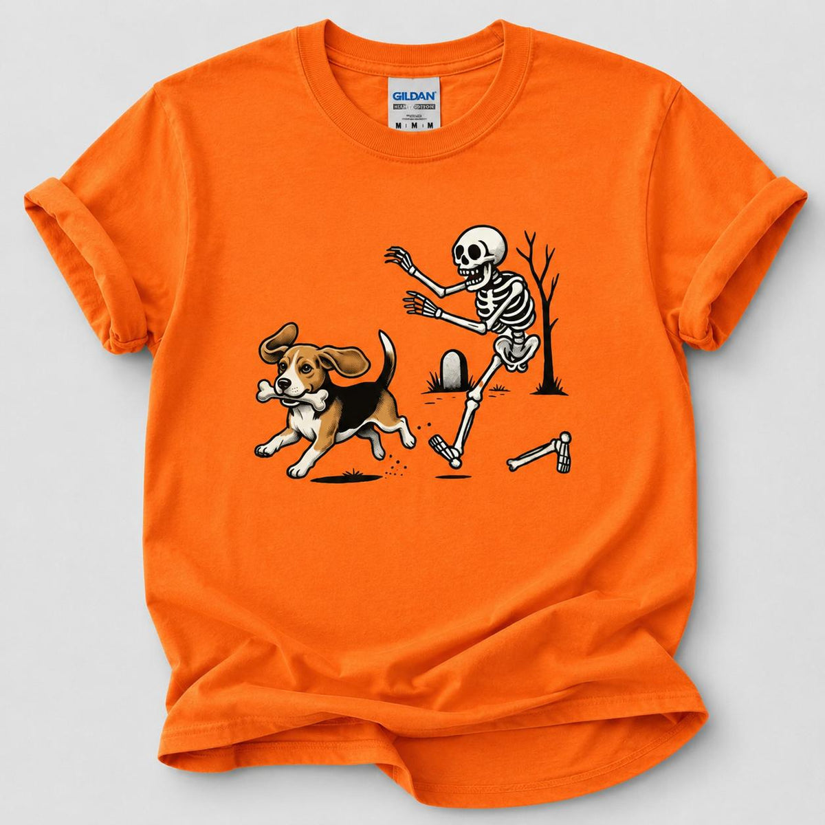 Personalized Dog Breed Halloween T-Shirt, Custom Choose Your Dog, Funny Skeleton Chasing Pup Graphic, Spooky Pet Lover Gift