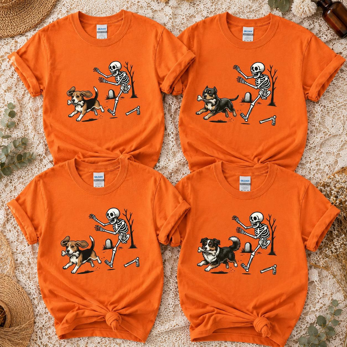 Personalized Dog Breed Halloween T-Shirt, Custom Choose Your Dog, Funny Skeleton Chasing Pup Graphic, Spooky Pet Lover Gift