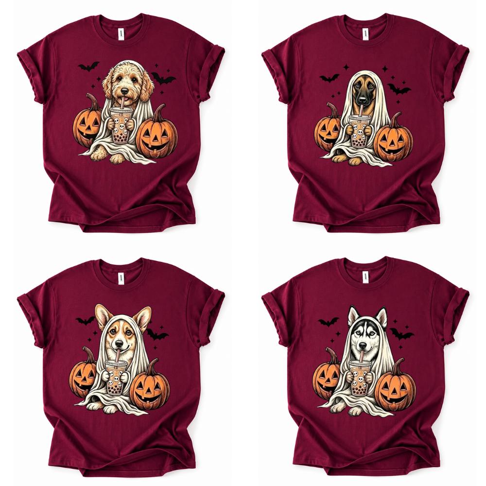 Personalized Dog Halloween T-Shirt, Custom Choose Your Dog Breed Ghost Boba Graphic, Spooky Pet Lover Gift