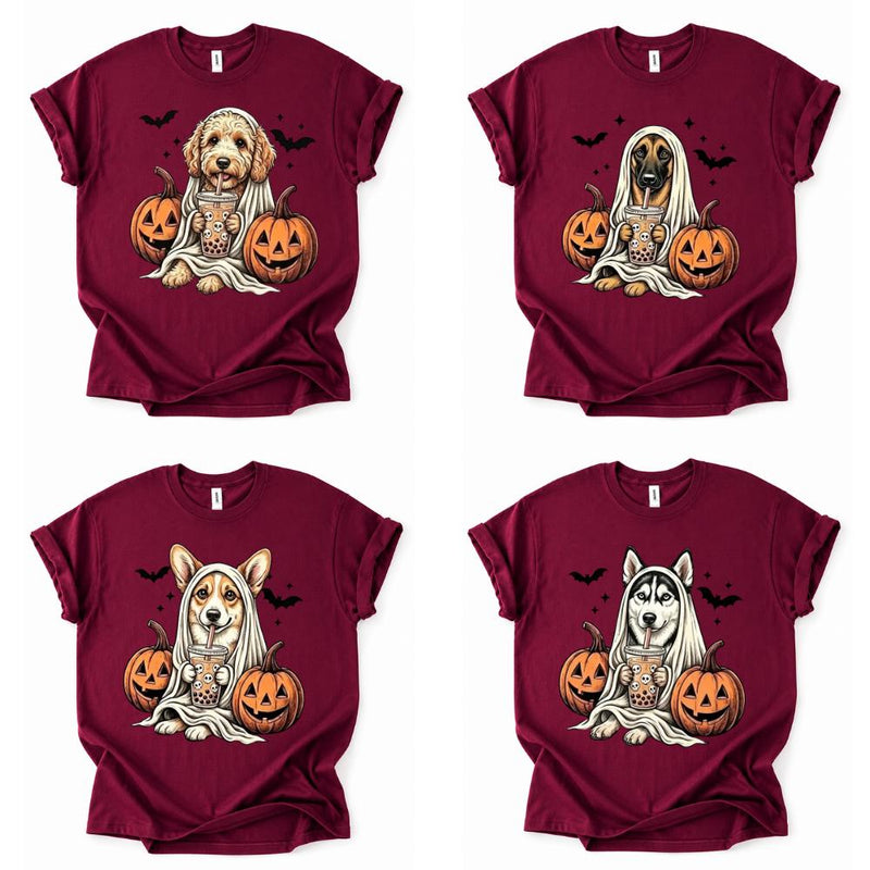 Personalized Dog Halloween T-Shirt, Custom Choose Your Dog Breed Ghost Boba Graphic, Spooky Pet Lover Gift