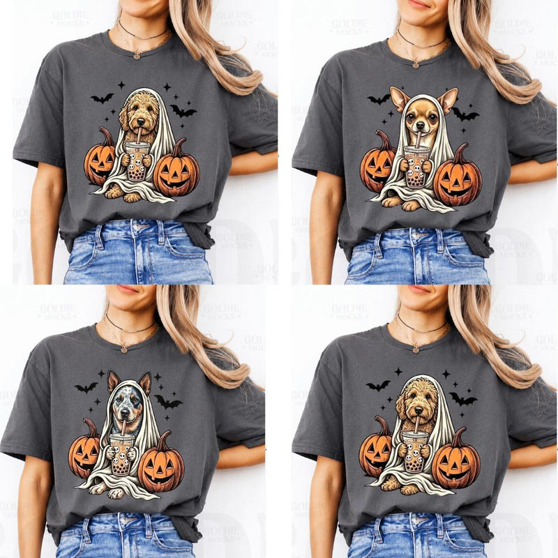 Personalized Dog Halloween T-Shirt, Custom Choose Your Dog Breed Ghost Boba Design, Cute Spooky Fall Pet Mom Dog Lover Gift