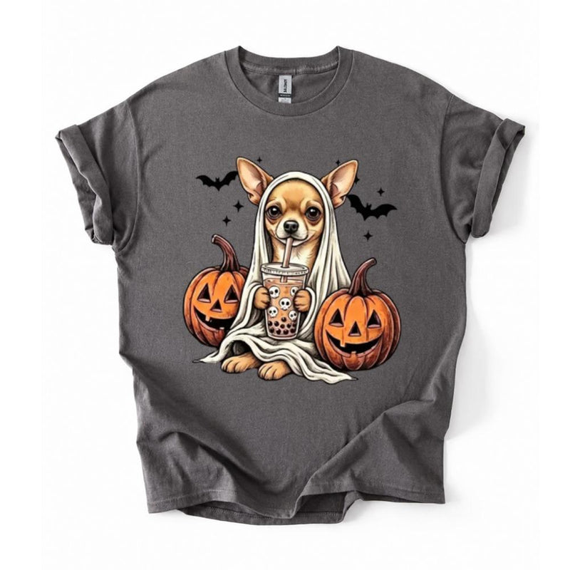 Personalized Dog Halloween T-Shirt, Custom Choose Your Dog Breed Ghost Boba Design, Cute Spooky Fall Pet Mom Dog Lover Gift