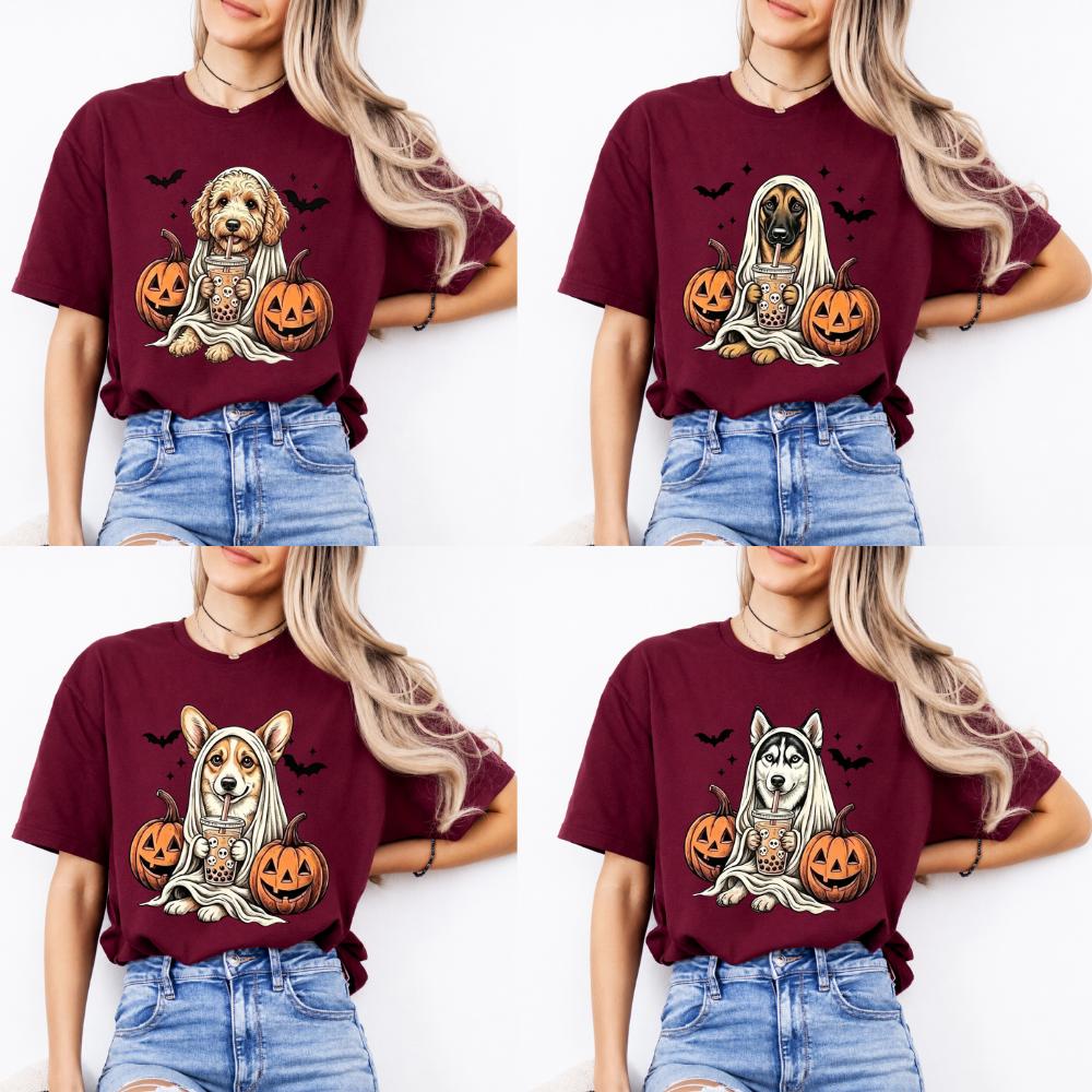 Personalized Dog Halloween T-Shirt, Custom Choose Your Dog Breed Ghost Boba Graphic, Spooky Pet Lover Gift