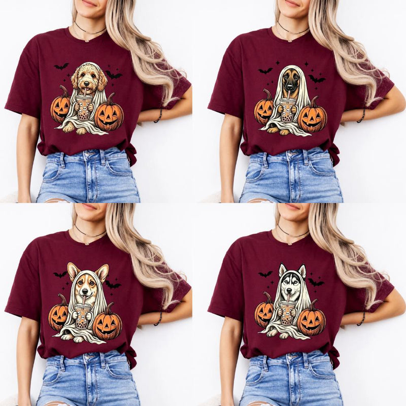 Personalized Dog Halloween T-Shirt, Custom Choose Your Dog Breed Ghost Boba Graphic, Spooky Pet Lover Gift