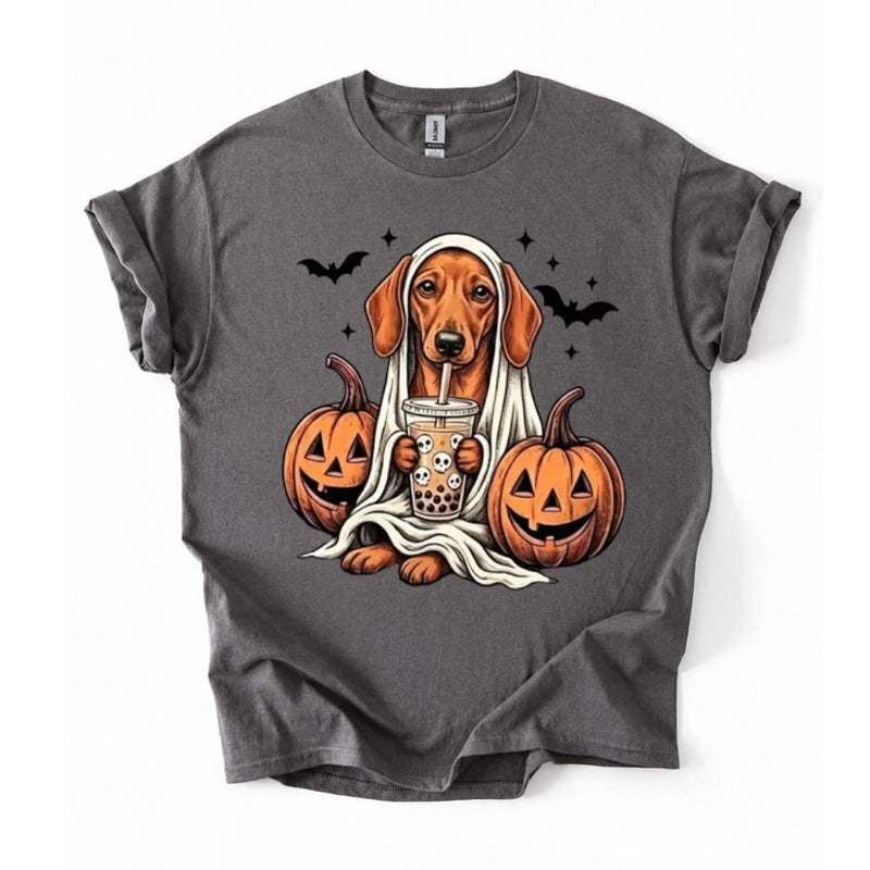 Personalized Dog Halloween T-Shirt, Custom Choose Your Dog Breed Ghost Boba Design, Cute Spooky Fall Pet Mom Dog Lover Gift