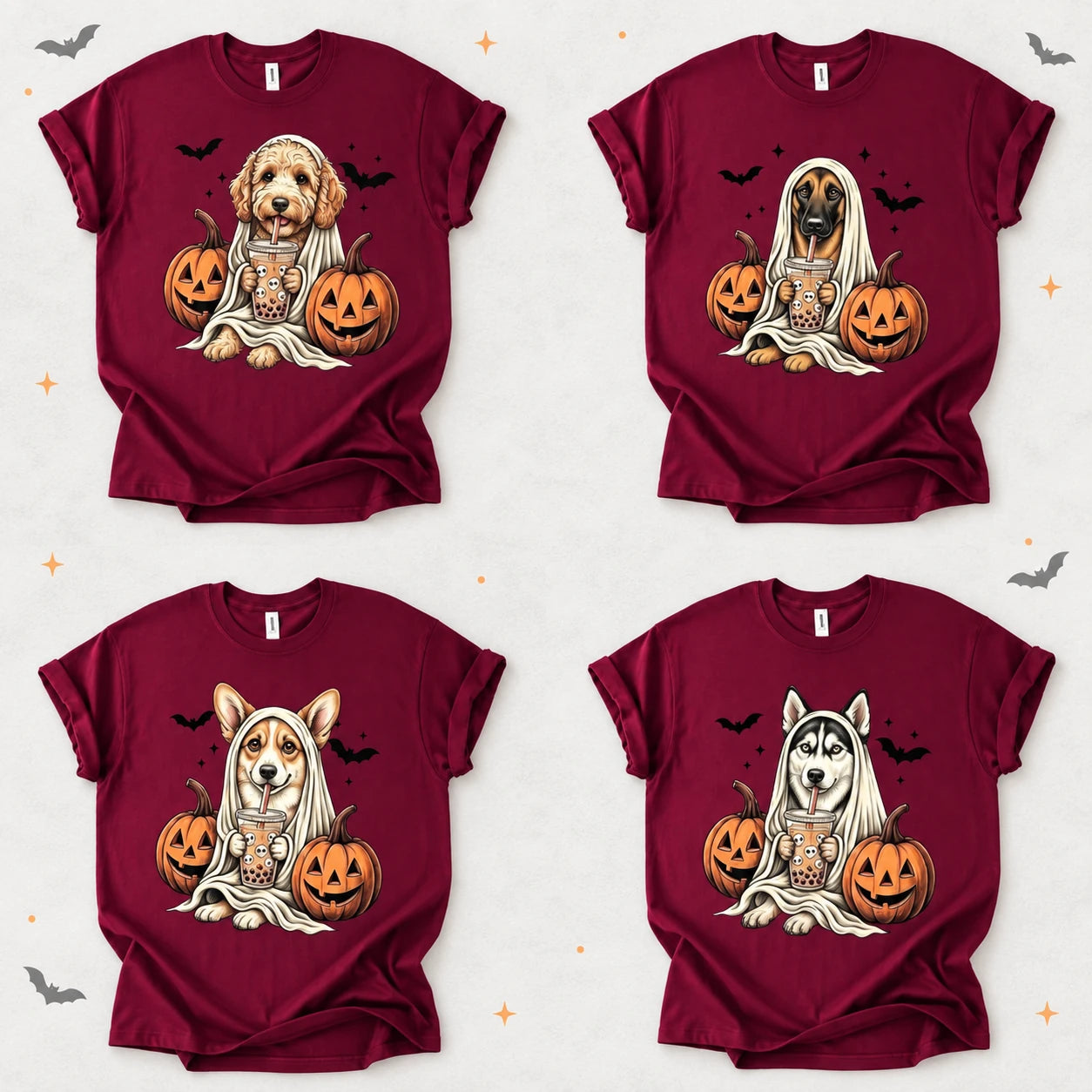 Personalized Dog Halloween T-Shirt Custom Dog Breed Ghost Boba Graphic Tee