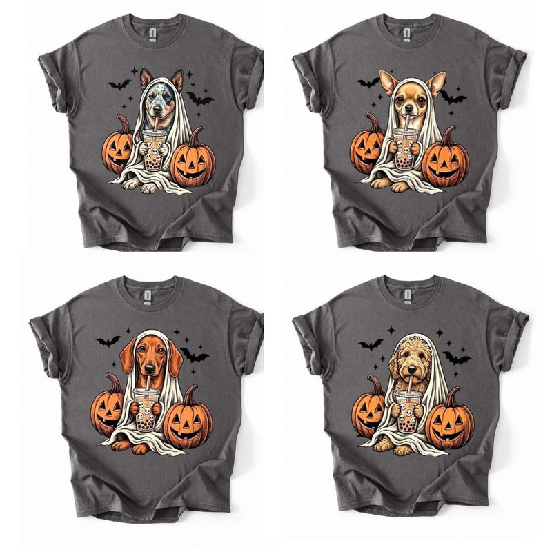 Personalized Dog Halloween T-Shirt, Custom Choose Your Dog Breed Ghost Boba Design, Cute Spooky Fall Pet Mom Dog Lover Gift