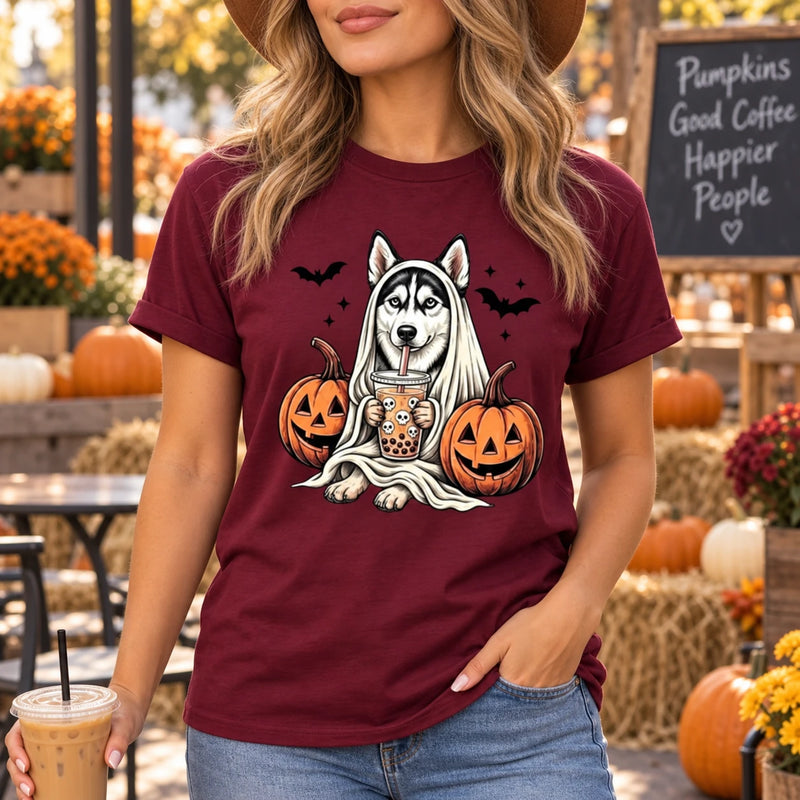 Personalized Dog Halloween T-Shirt Custom Dog Breed Ghost Boba Graphic Tee