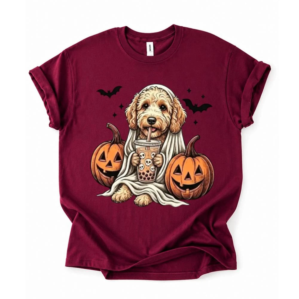 Personalized Dog Halloween T-Shirt, Custom Choose Your Dog Breed Ghost Boba Graphic, Spooky Pet Lover Gift
