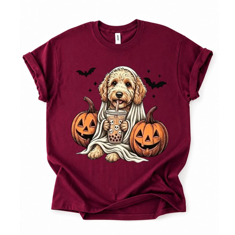 Personalized Dog Halloween T-Shirt, Custom Choose Your Dog Breed Ghost Boba Graphic, Spooky Pet Lover Gift