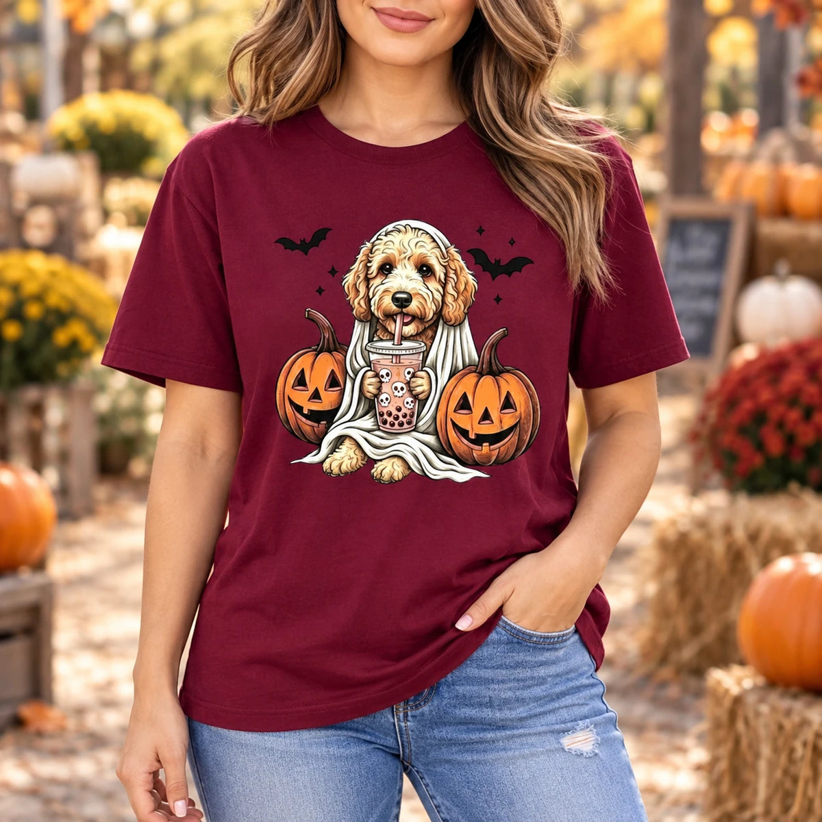 Personalized Dog Halloween T-Shirt Custom Dog Breed Ghost Boba Graphic Tee