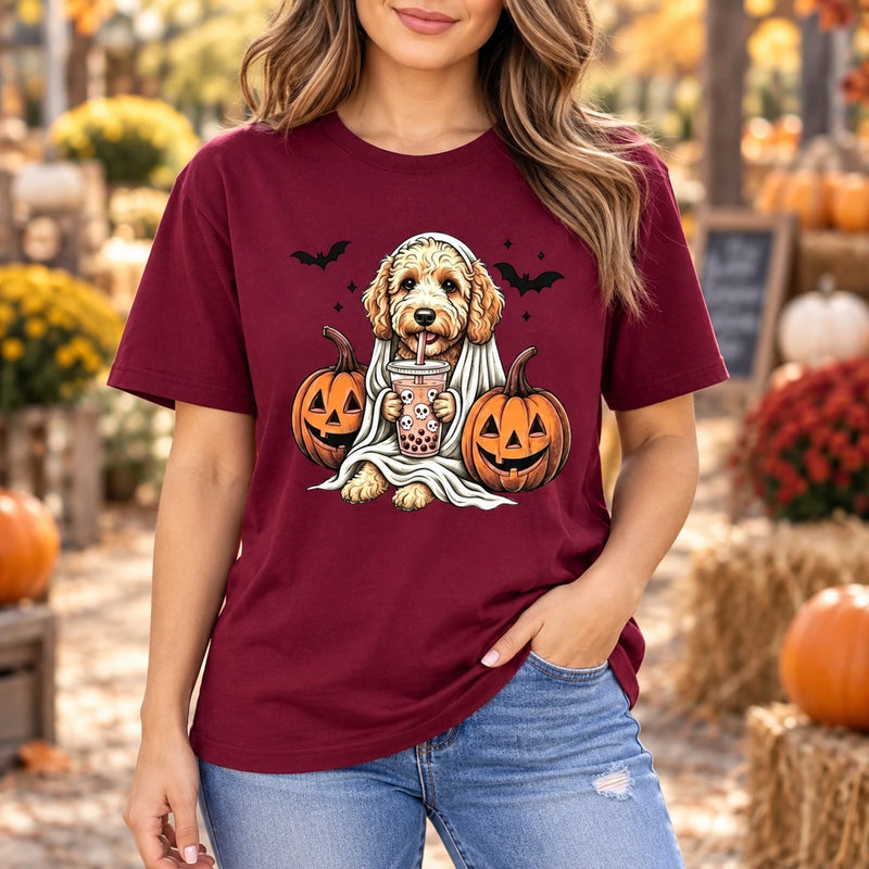 Personalized Dog Halloween T-Shirt Custom Dog Breed Ghost Boba Graphic Tee