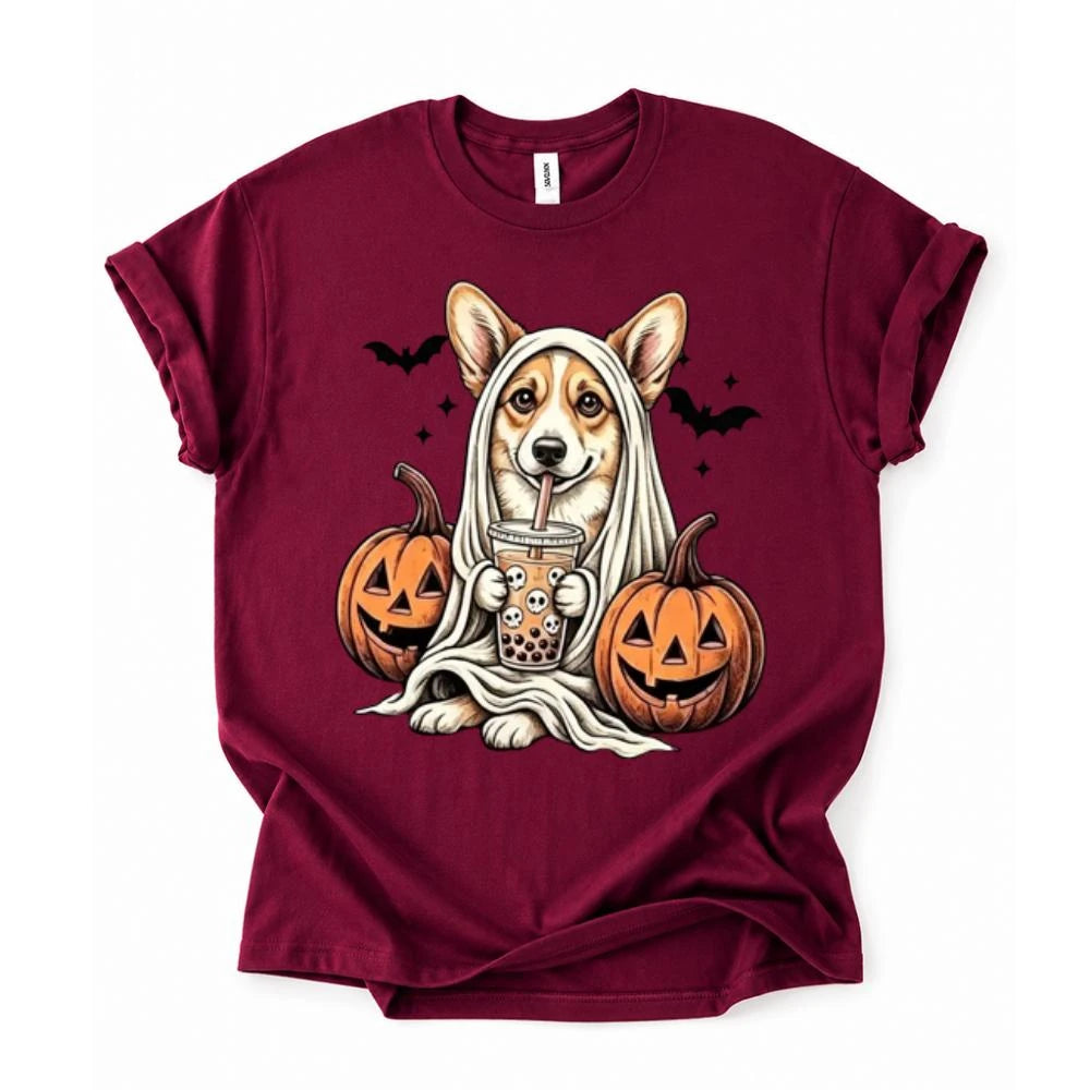 Personalized Dog Halloween T-Shirt, Custom Choose Your Dog Breed Ghost Boba Graphic, Spooky Pet Lover Gift
