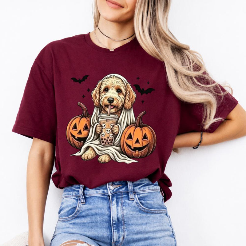 Personalized Dog Halloween T-Shirt, Custom Choose Your Dog Breed Ghost Boba Graphic, Spooky Pet Lover Gift