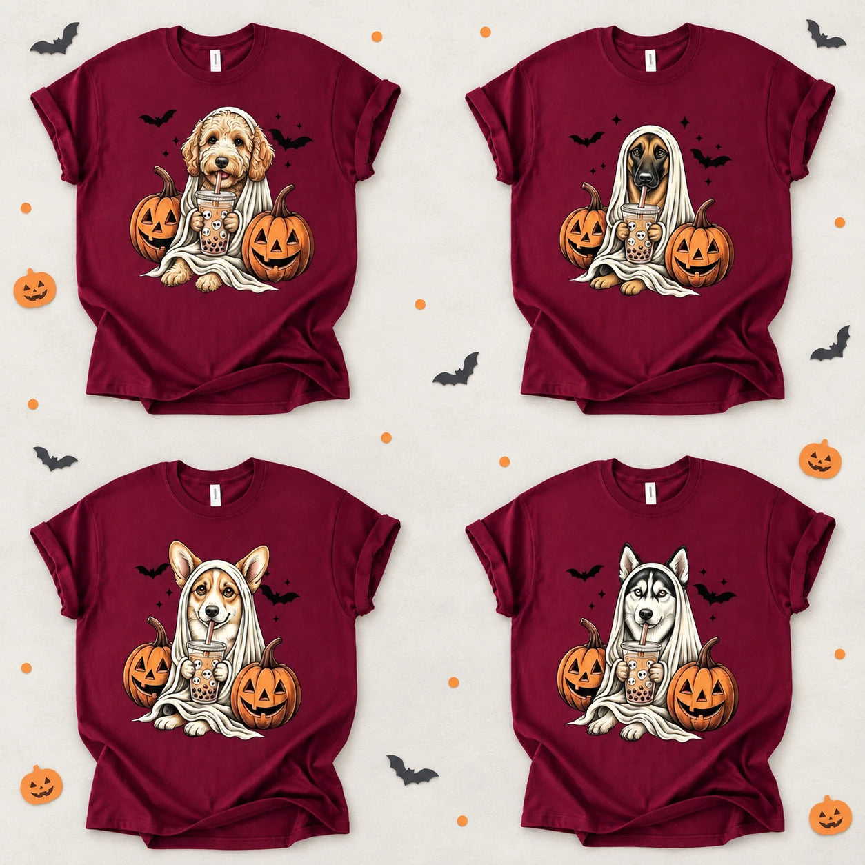 Personalized Dog Halloween T-Shirt Custom Dog Breed Ghost Boba Graphic Tee