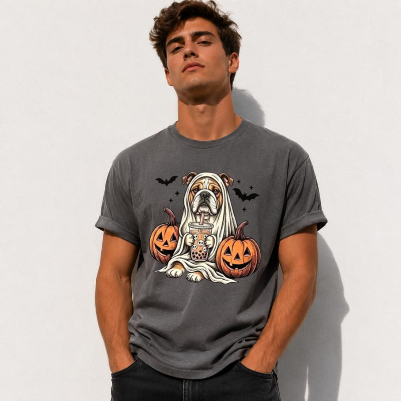 Personalized Dog Halloween T-Shirt, Custom Choose Your Dog Breed Ghost Boba Design, Cute Spooky Fall Pet Mom Dog Lover Gift