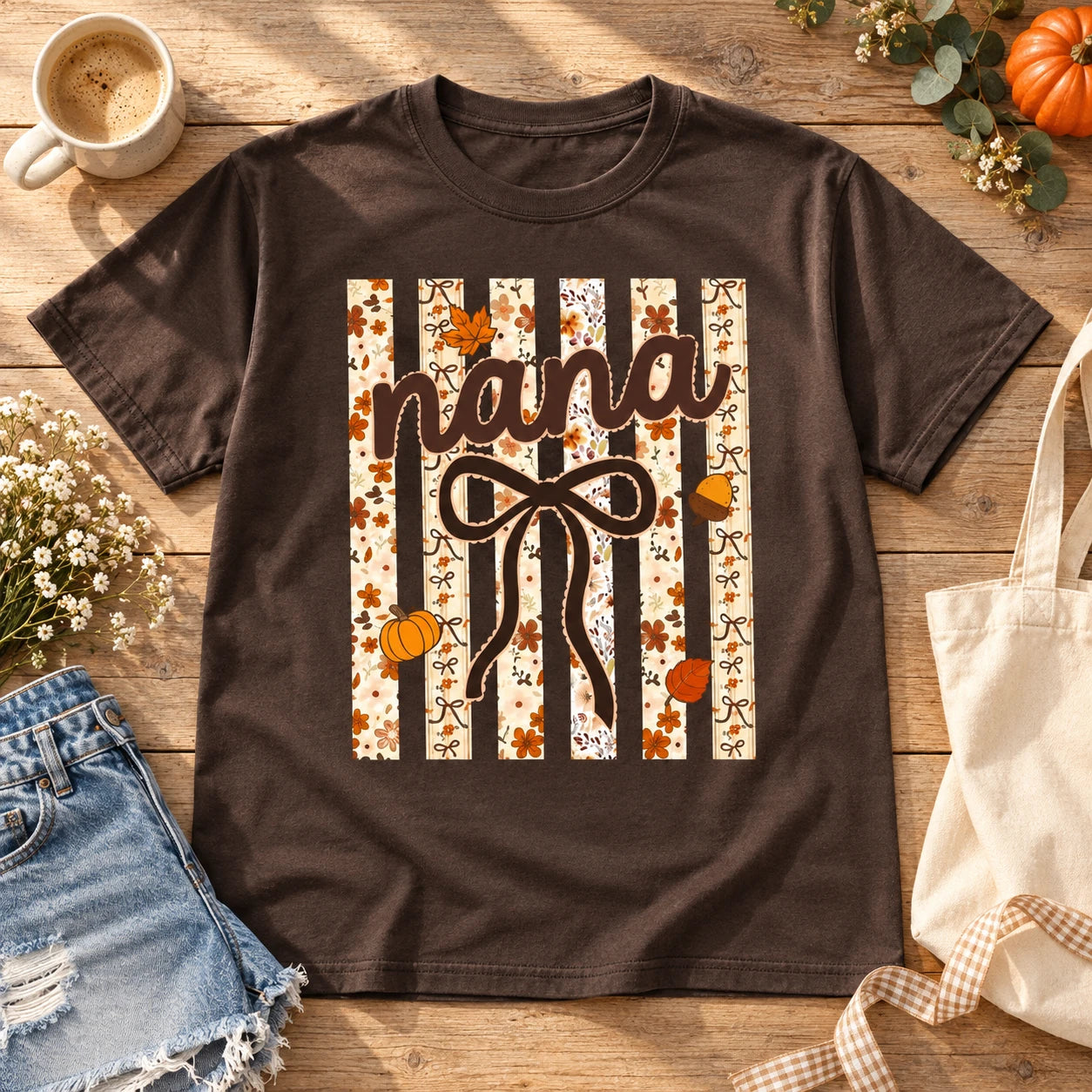Personalized Fall Grandma Mama Graphic T-Shirt, Custom Family Nickname Pumpkin Bow Floral Thanksgiving Gift for Women