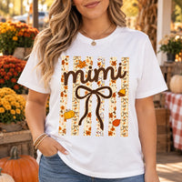 Personalized Fall Grandma Mama Graphic T-Shirt, Custom Family Nickname Pumpkin Bow Floral Thanksgiving Gift for Women